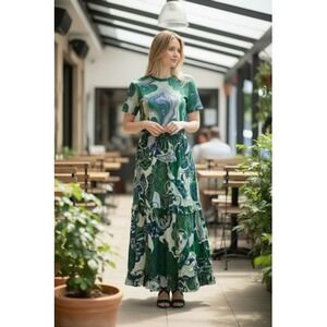 OneSeason Australia Skirt Womens‎ Medium Green Blue Paisley Tiered Maxi Bohemian